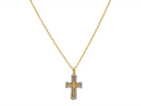 Gold Cross Pendant Necklace with White Gold Pave Frame with Diamonds