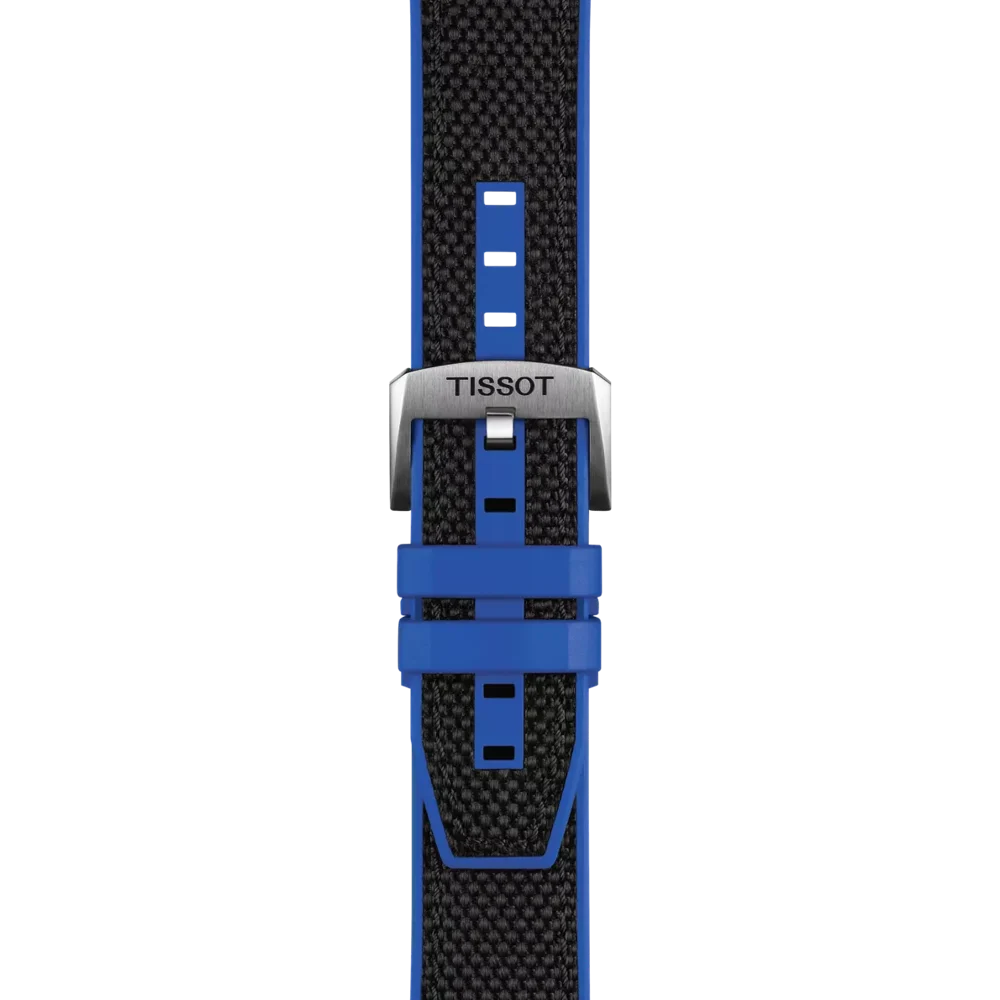 Blue and black watch strap with Tissot logo on a white background