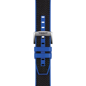 Blue and black watch strap with Tissot logo on a white background