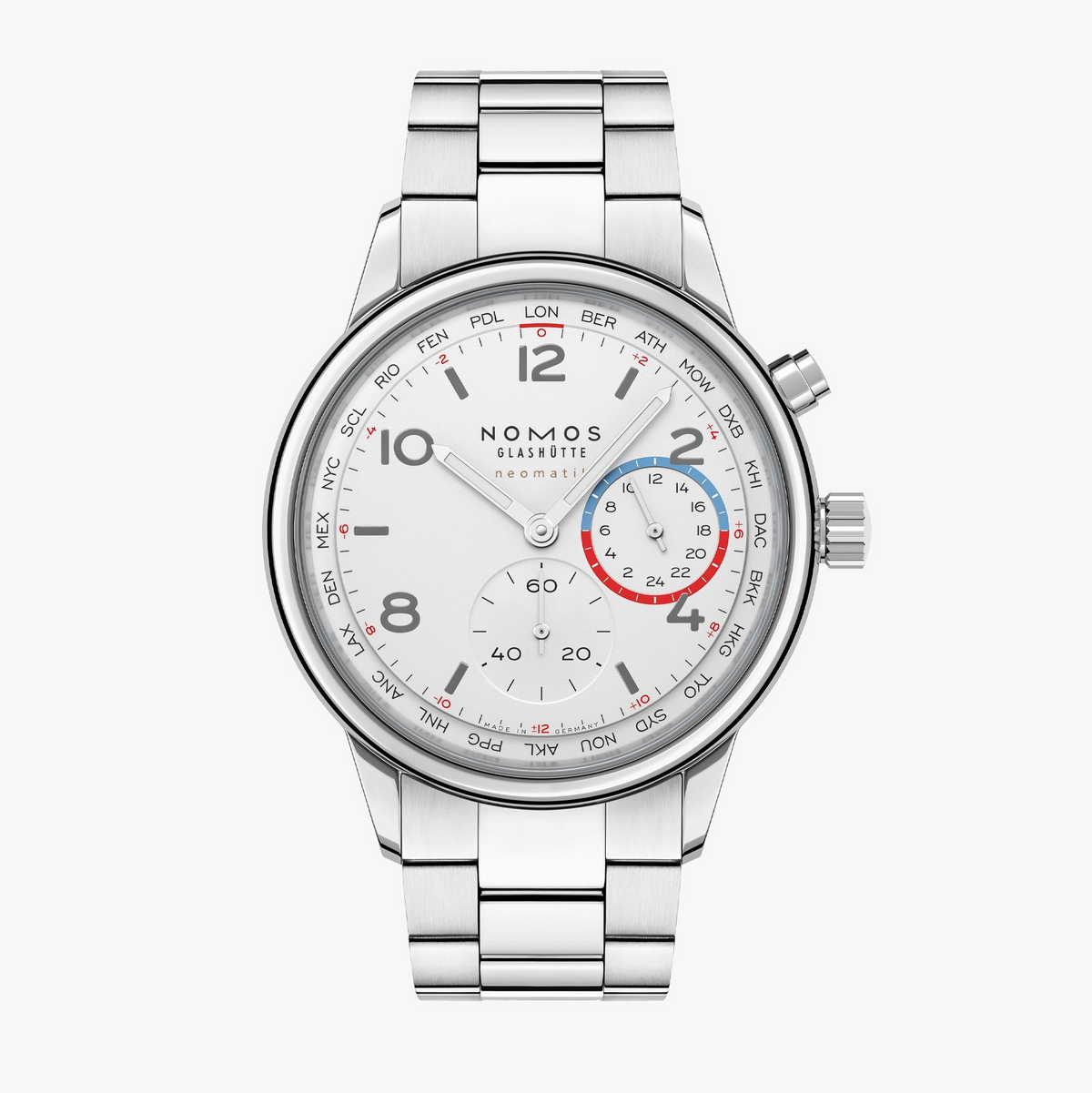 Silver watch with a detailed face on a white background