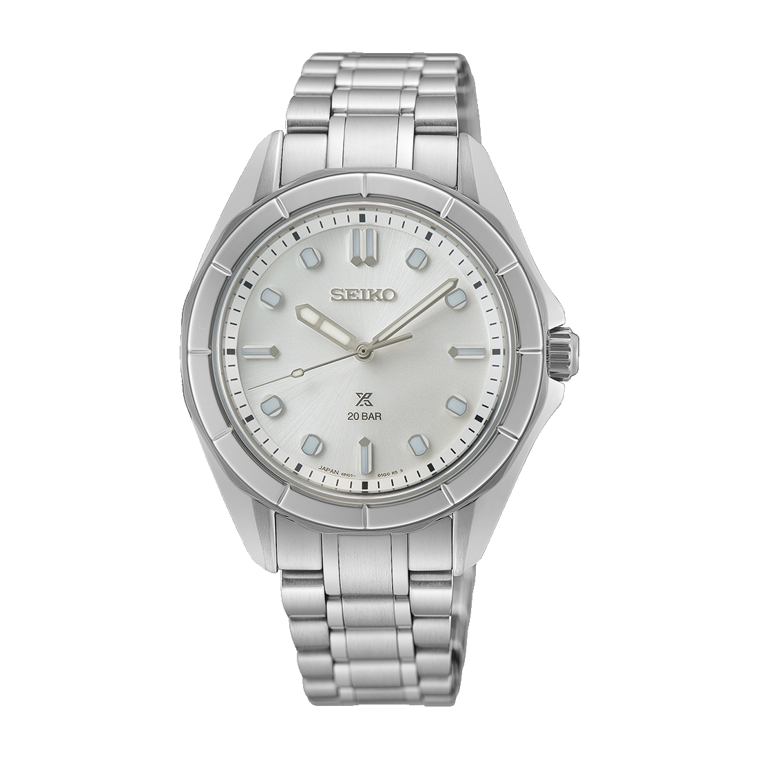 Silver Seiko watch with white dial on a white background