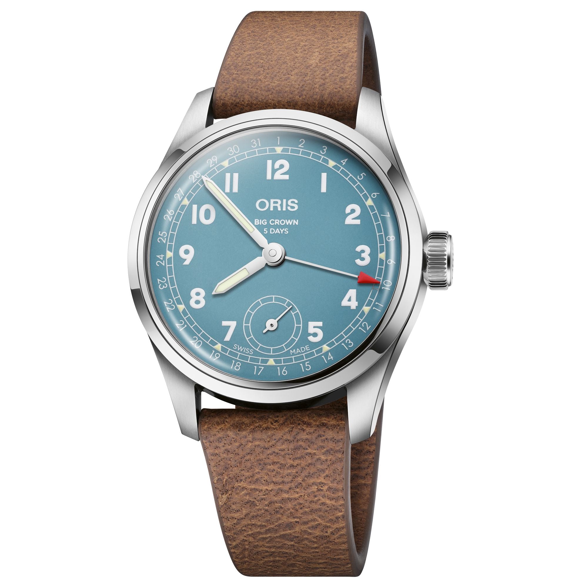 ORIS timepiece with blue dial with a brown leather strap on a white background