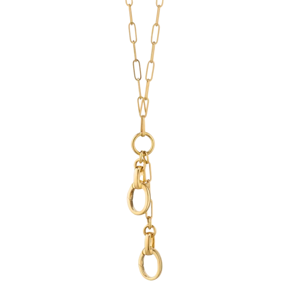 Gold paperclip necklace with 2 charm stations on a white background