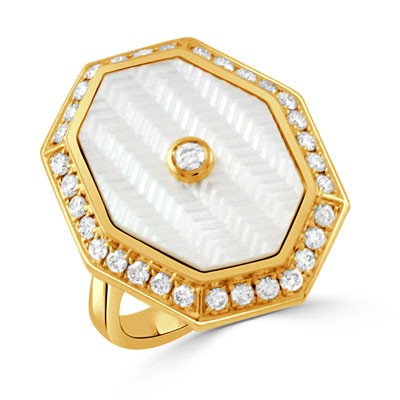18K Yellow Gold Diamond Ring with Carved White Mother of Pearl
