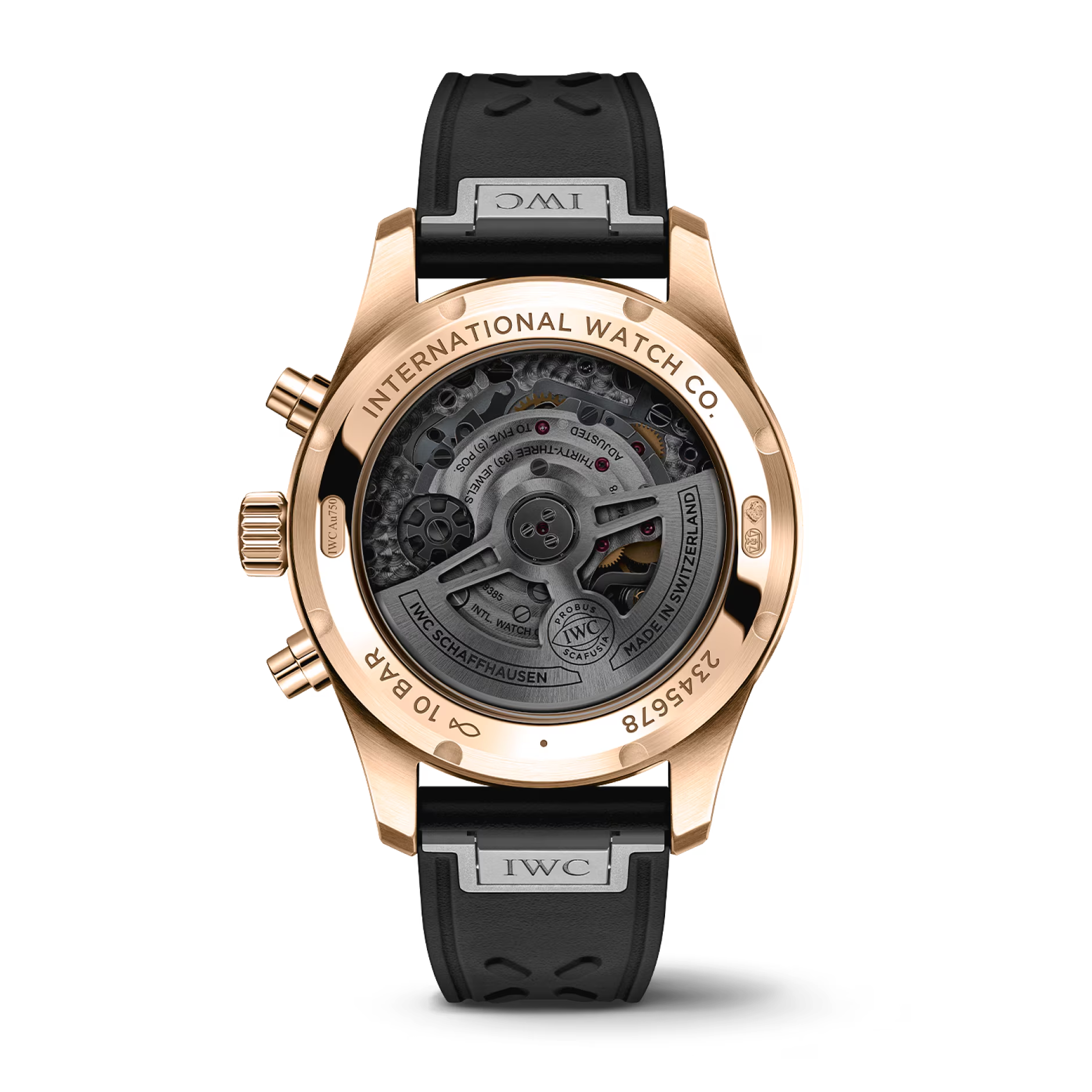 Watch back; engraved: INTERNATIONAL WATCH CO. IWC IWC SCHAFFHAUSEN MADE IN SWITZERLAND 10 BAR PROBUS SCAFUSIA 245678