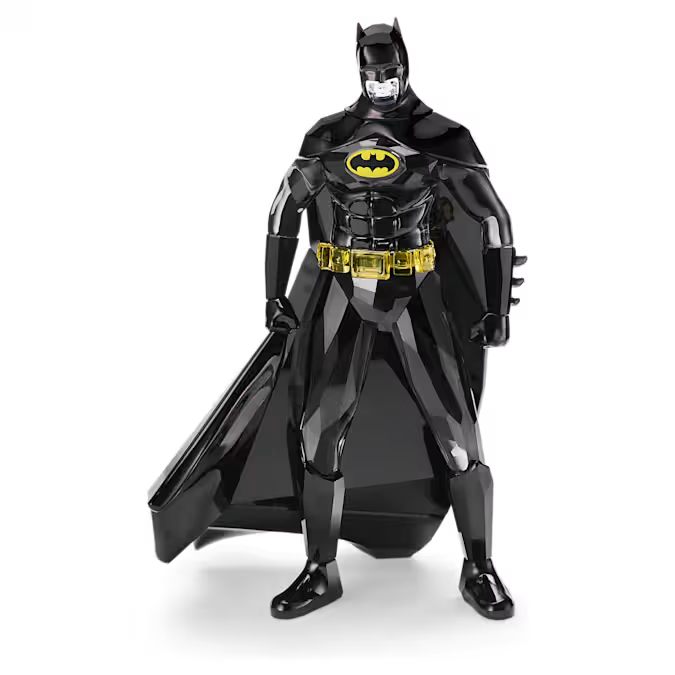 Standing glossy black Batman action figure with yellow utility belt and bat emblem on chest