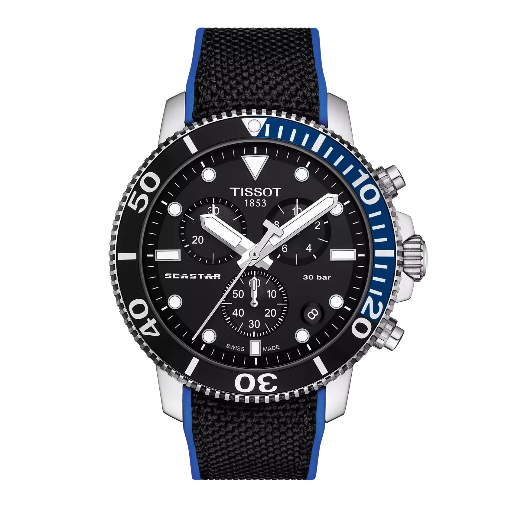 Tissot Scapster watch with black face and blue accents on a white background