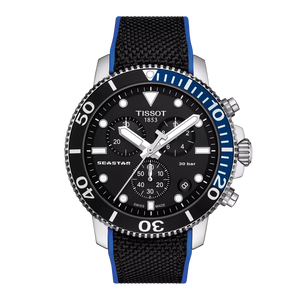 Tissot Scapster watch with black face and blue accents on a white background