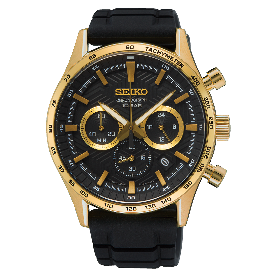 Seiko watch with black and gold design on a white background