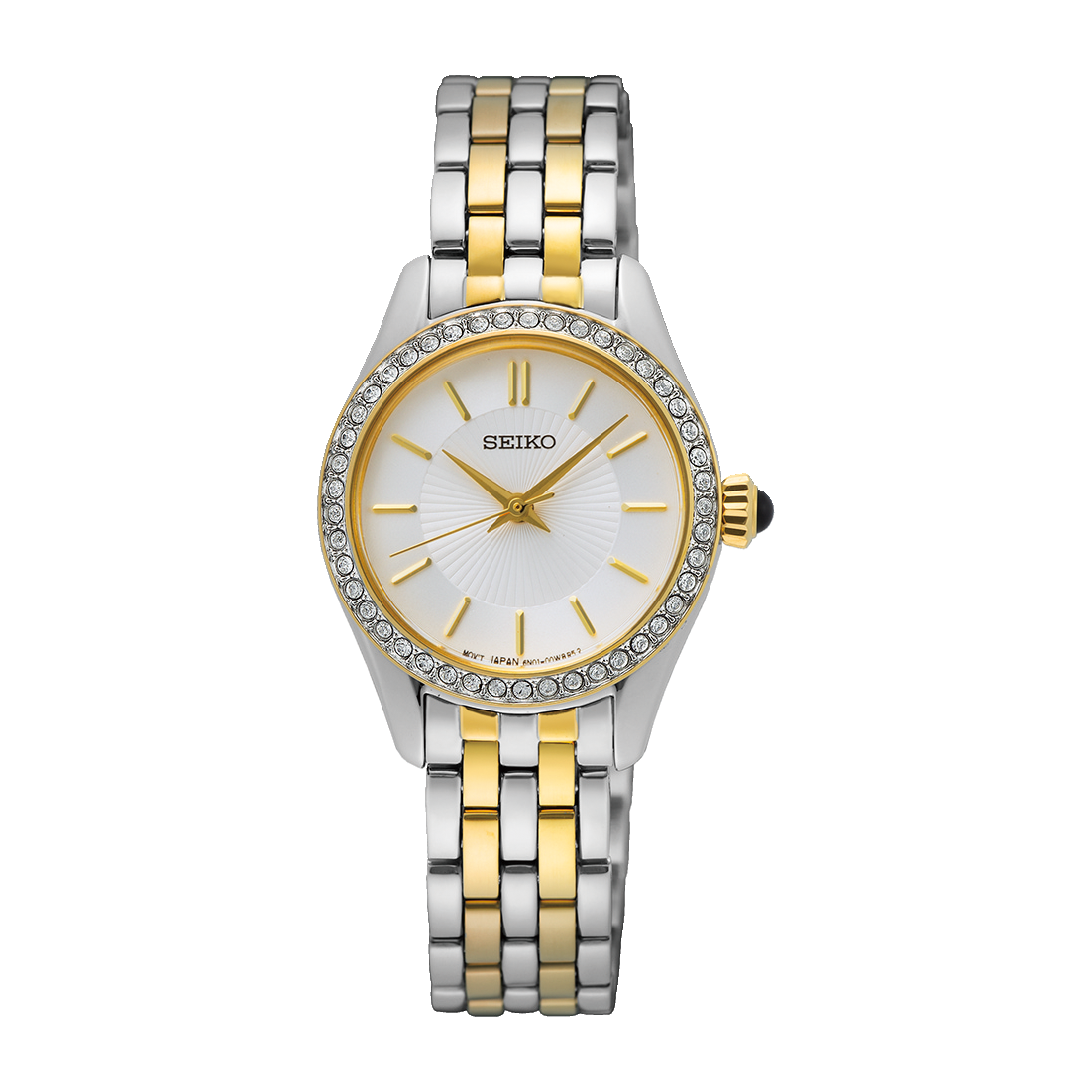 Gold tone and silver seiko timepiece with a white dial and crystals around the bezel with gold tone hands on a white background