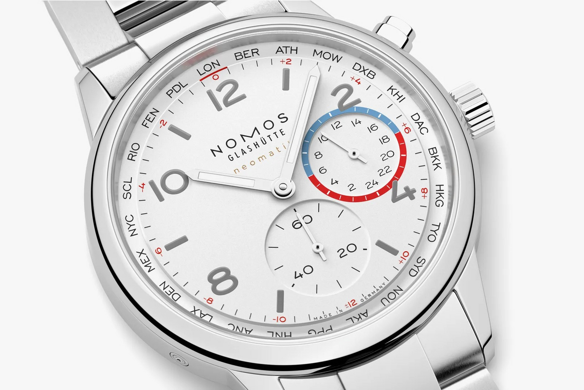 upclose NOMOS watch with white dial and hands with red and blue markings on a white background