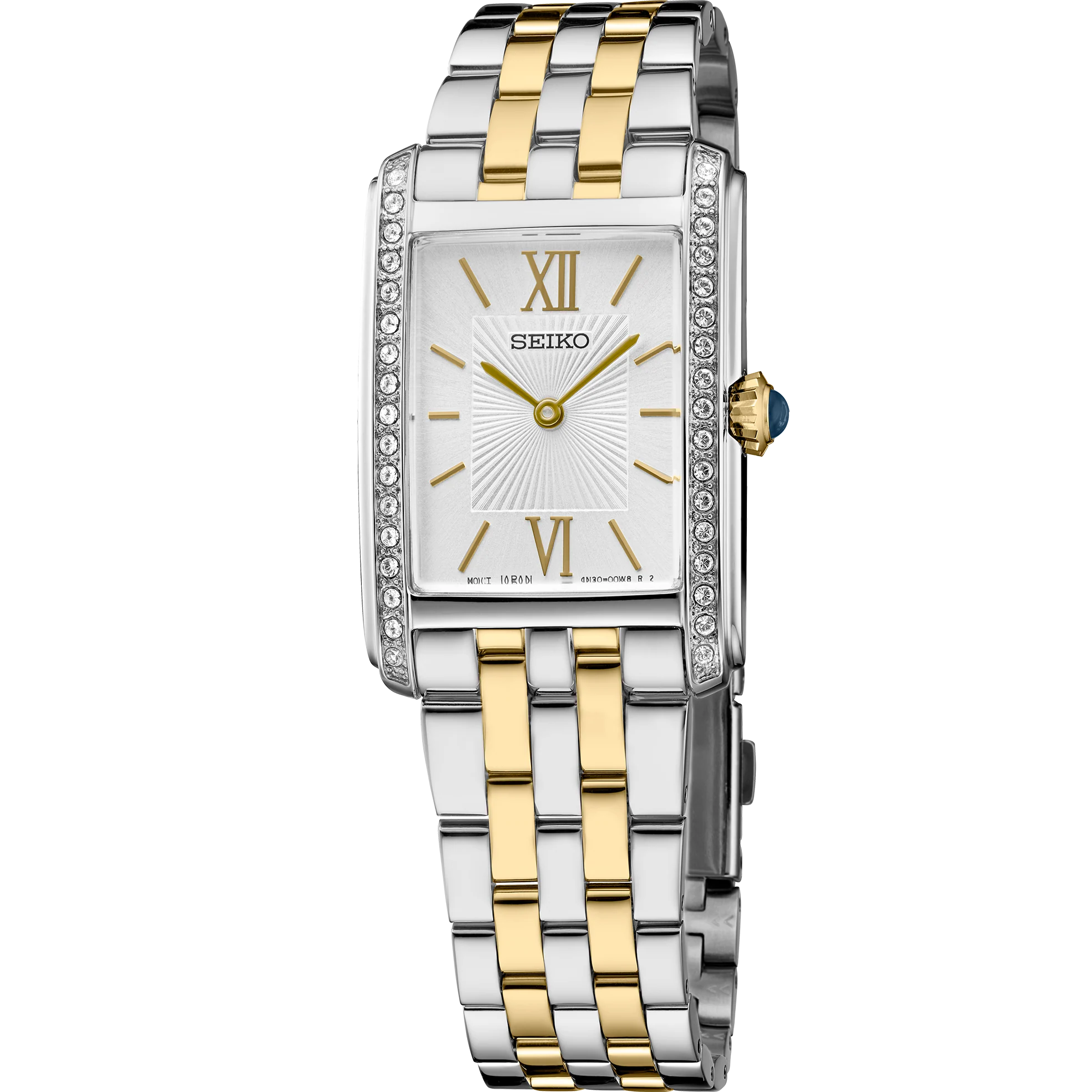 A Seiko women's two-tone watch with a silver and gold metal link bracelet, a white dial with gold Roman numerals, and a bezel accented with small clear crystals, shown on a plain white background.