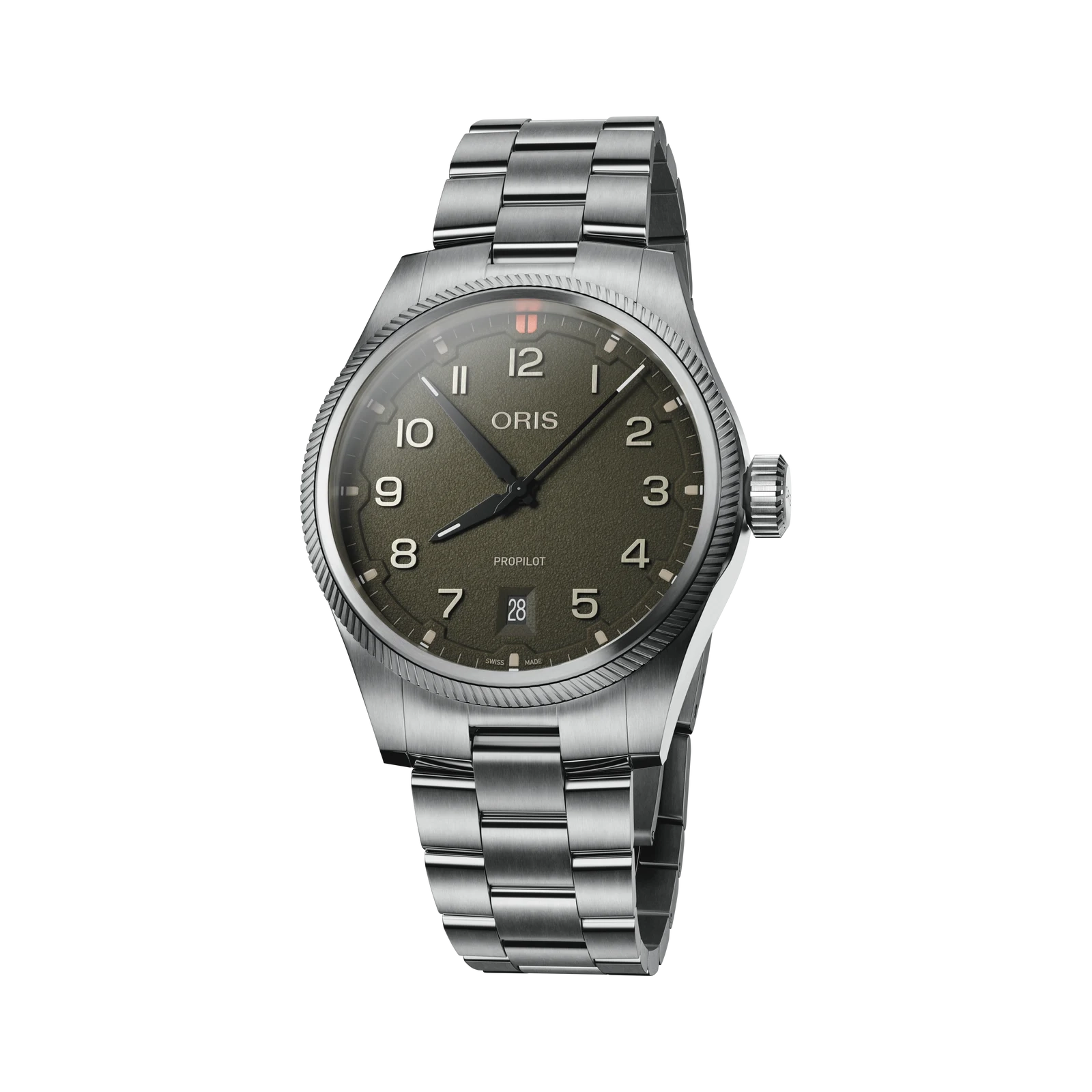 An Oris ProPilot watch with a dark olive green dial and a brushed silver stainless steel case and link bracelet, shown against a plain white background.