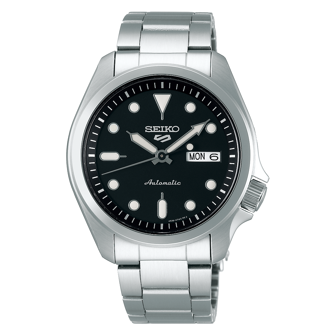 Seiko watch with black dial and silver metal strap on a white background