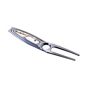 Angled view of William Henry Eagle divot tool showcasing polished steel prongs and decorative eagle inlay on white background