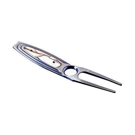 Angled view of William Henry Eagle divot tool showcasing polished steel prongs and decorative eagle inlay on white background