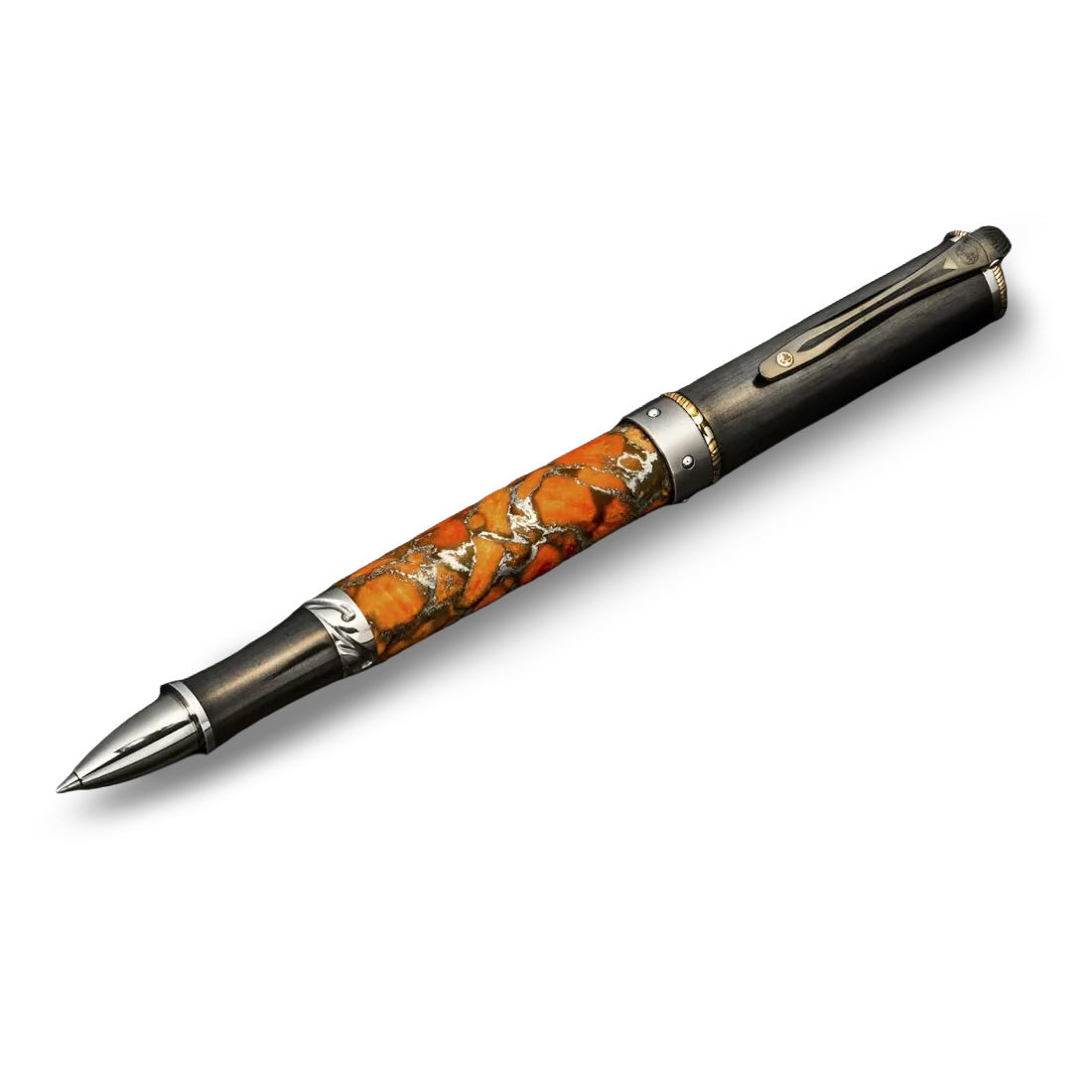 Angled view of William Henry Cabernet Osage rollerball with orange Zinc Matrix barrel and titanium cap on white