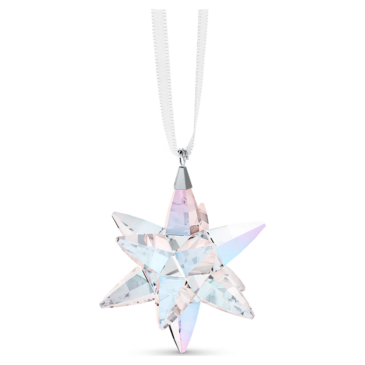 crystal star ornament with white ribbon on a white background