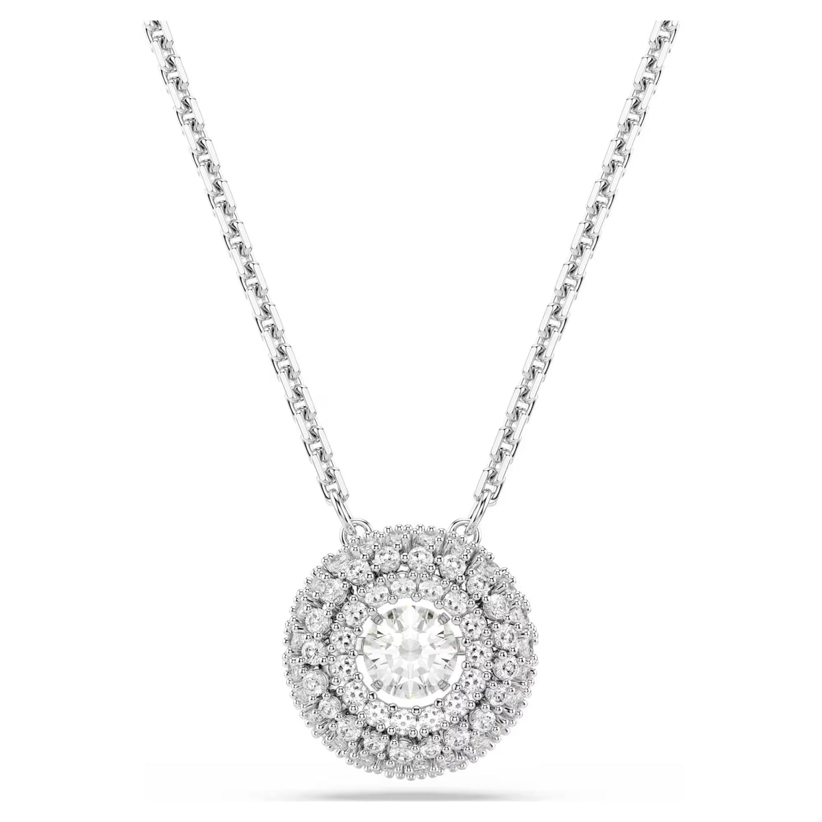 round cut necklace in silver tone on a white background