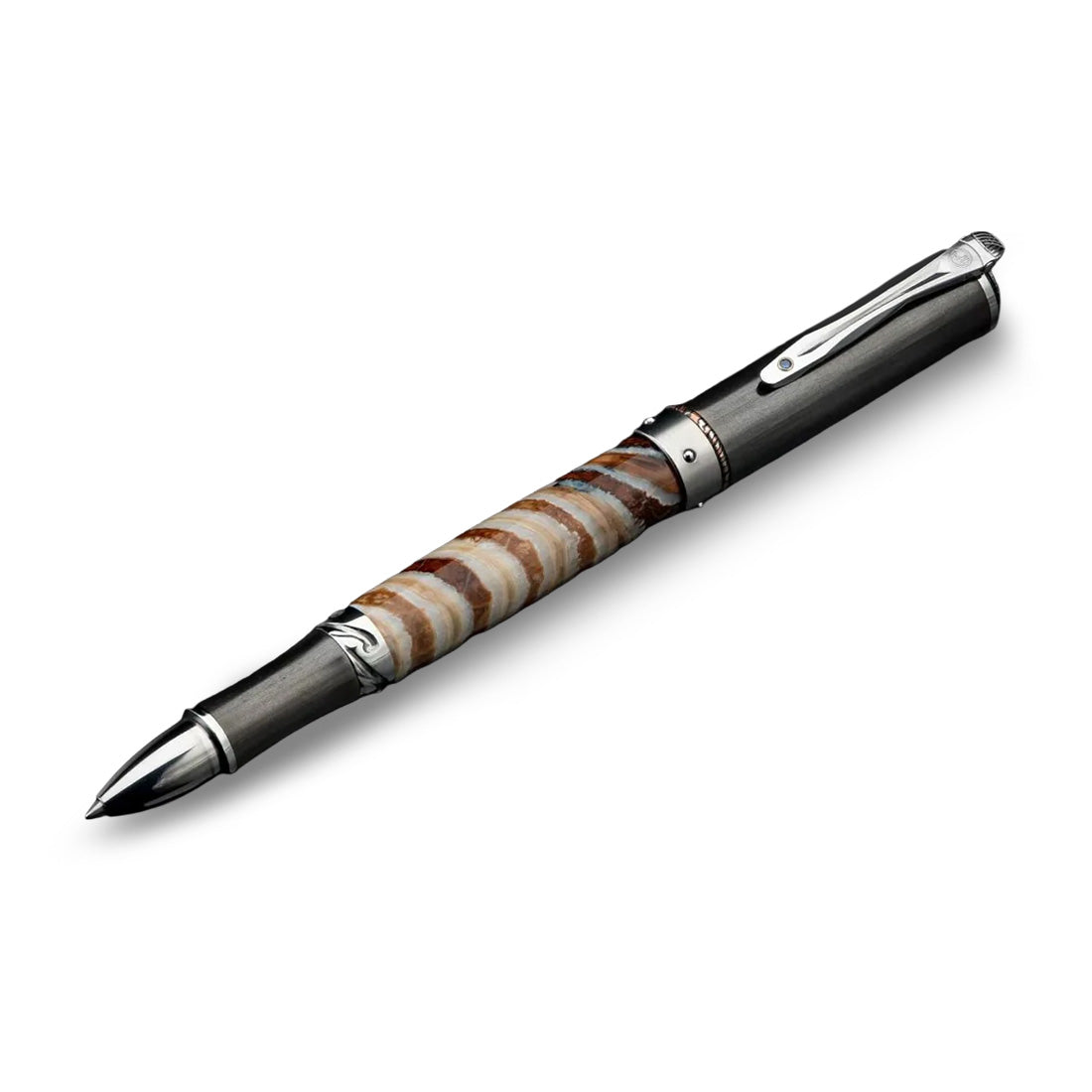 Angled view of William Henry Cabernet Mammoth pen with Woolly Mammoth tooth barrel and titanium trim on white