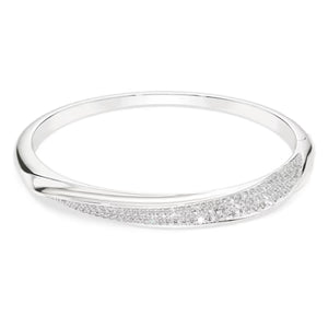 silver and crystal curved bangle bracelet on a white background