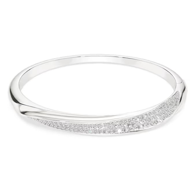 silver and crystal curved bangle bracelet on a white background