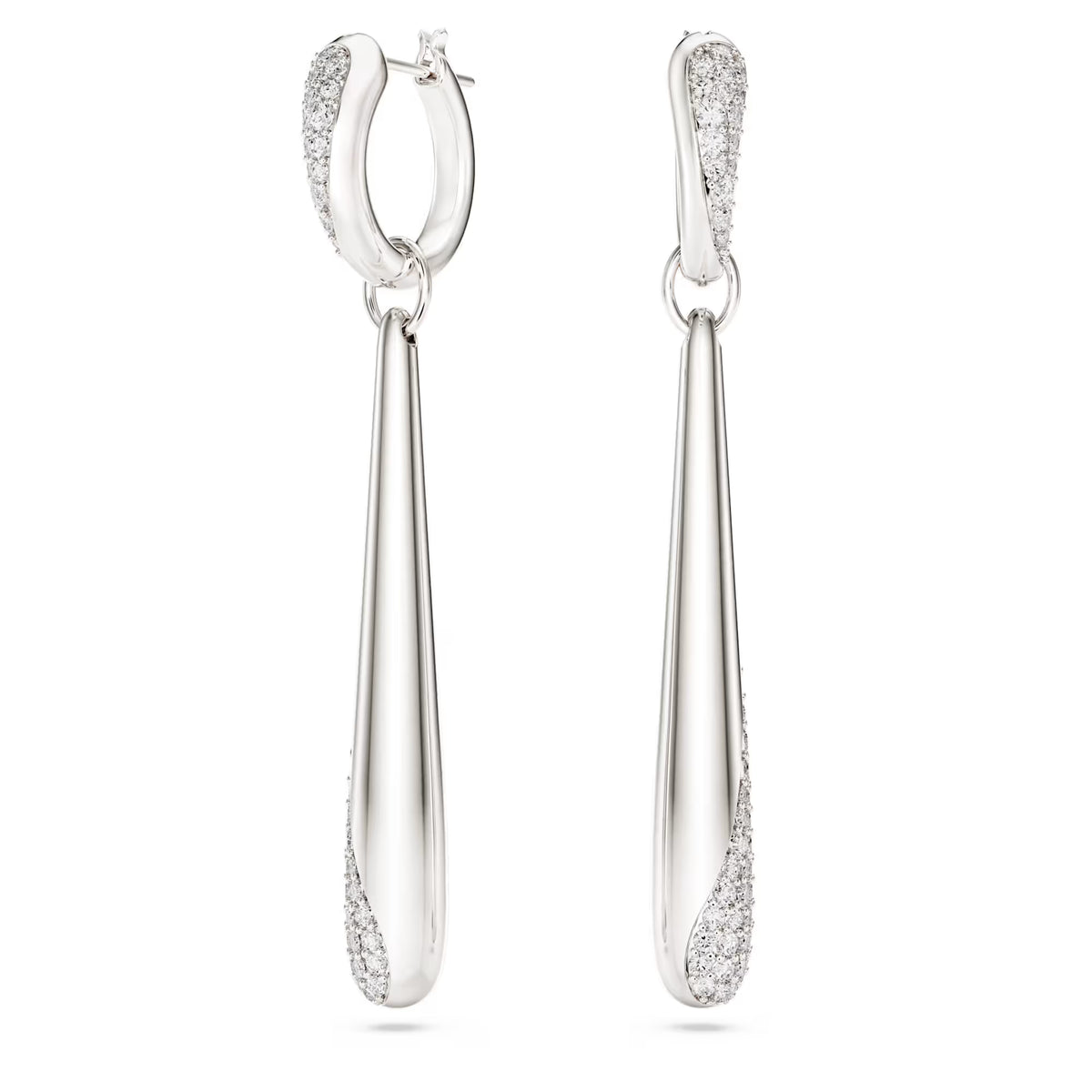silver and crystal hoop drop earrings on a white background