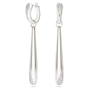 silver and crystal hoop drop earrings on a white background