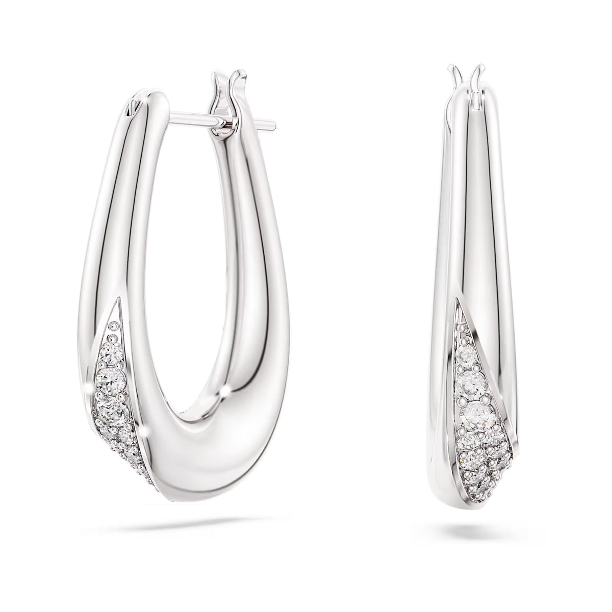 silver and crystals oval hoop earings on a white background