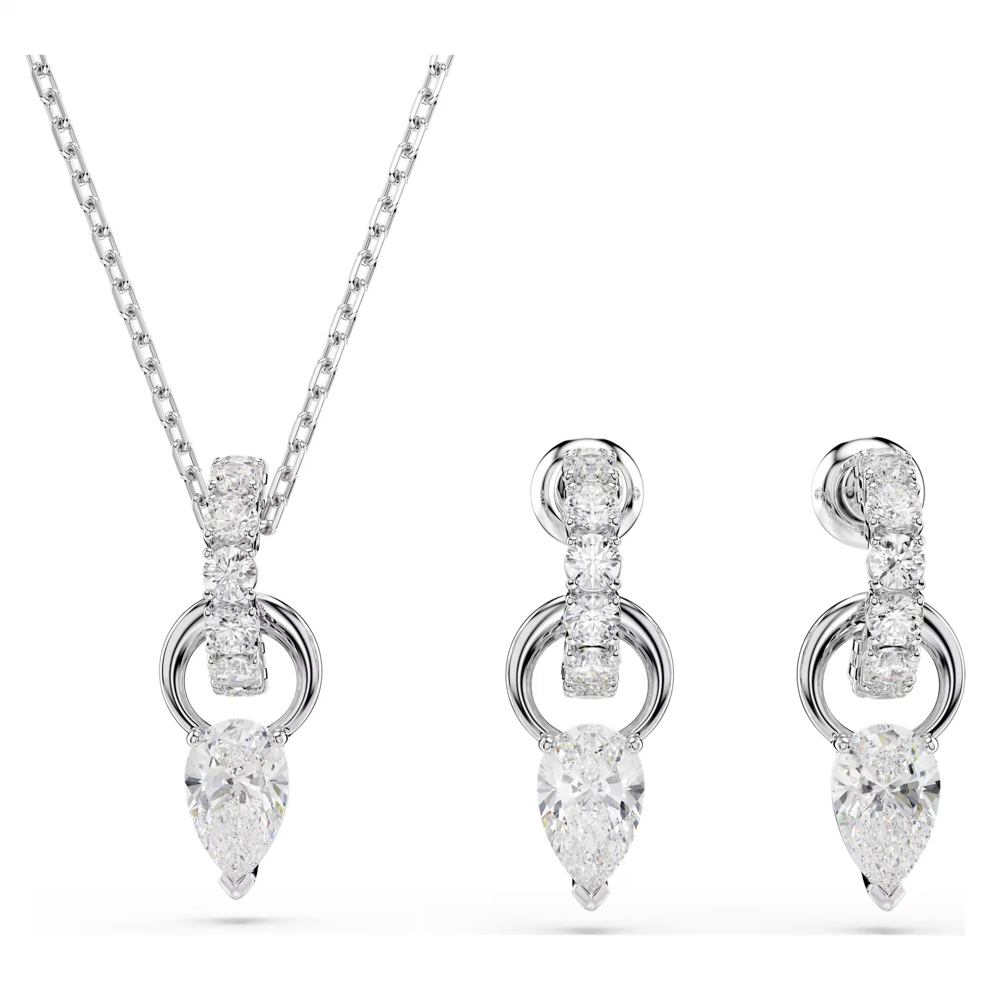 Necklace and matching drop earrings with pear-shaped clear gemstones and pave diamond hoop accents in white gold finish