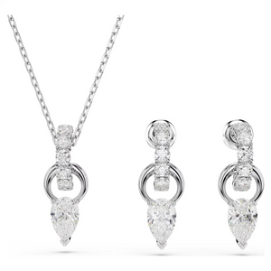 Necklace and matching drop earrings with pear-shaped clear gemstones and pave diamond hoop accents in white gold finish