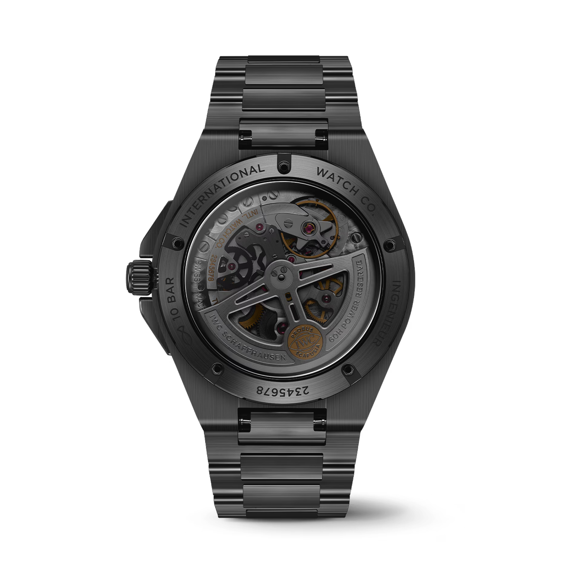 IWC Ingenieur rear open caseback revealing movement, engraved rim text including 'INTERNATIONAL WATCH CO.' and serial 2345678