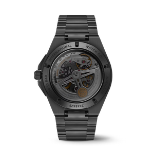 IWC Ingenieur rear open caseback revealing movement, engraved rim text including 'INTERNATIONAL WATCH CO.' and serial 2345678