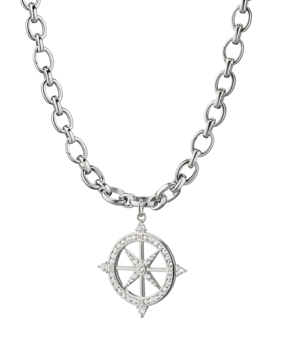 silver chain with a compass charm on a white background