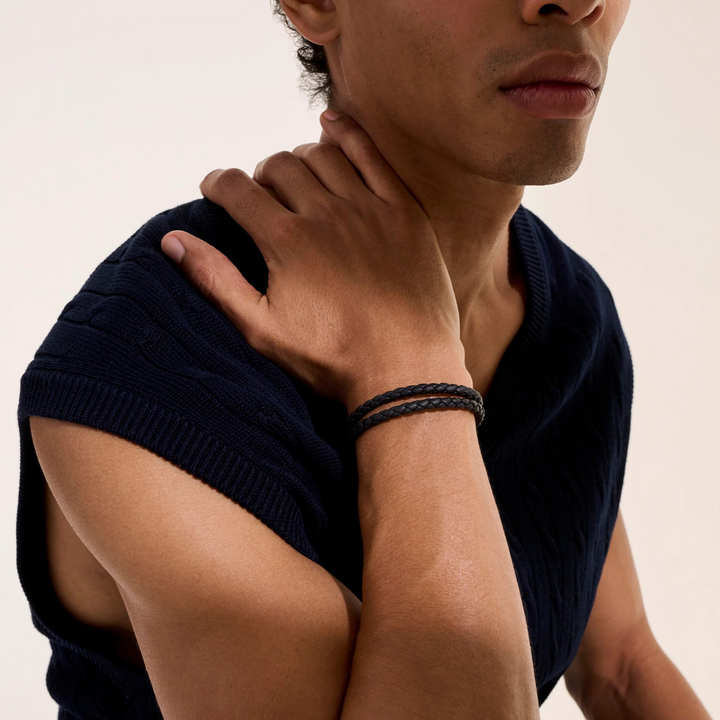 Sterling Silver & Black Double Braided Leather Bracelet