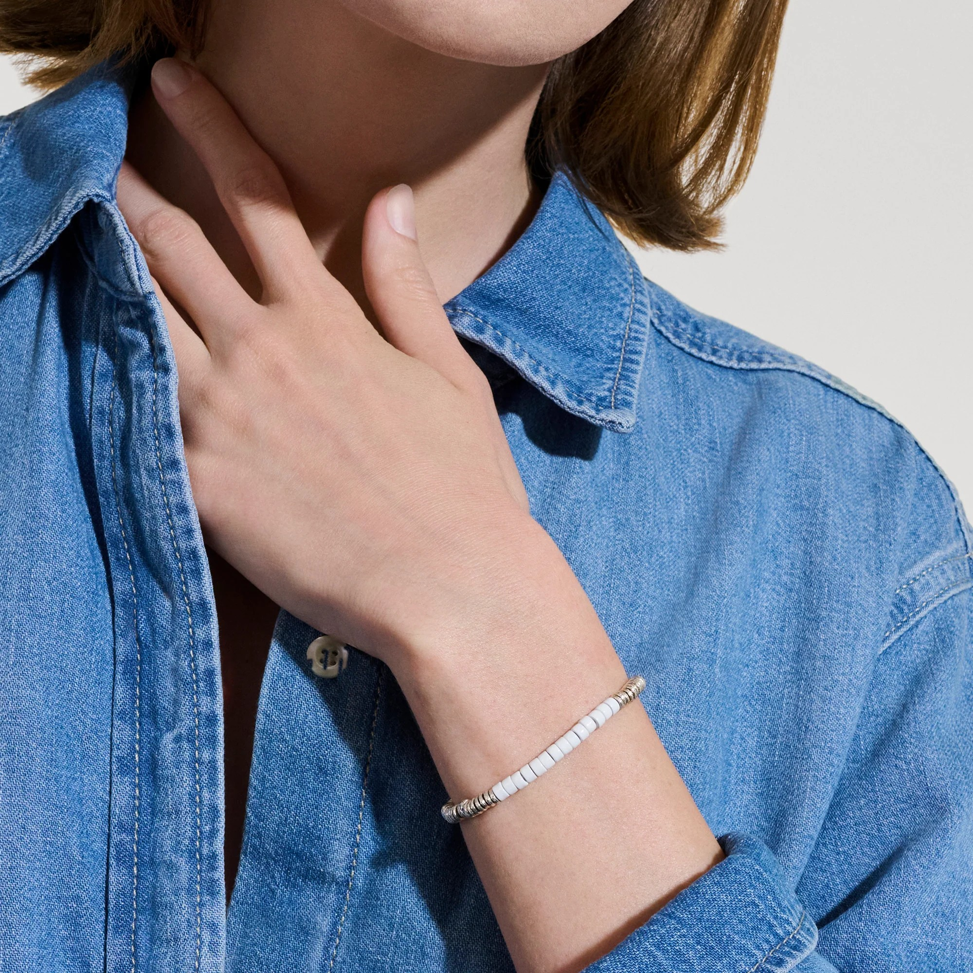 Sterling Silver White Enamel Heishi Chain Bracelet