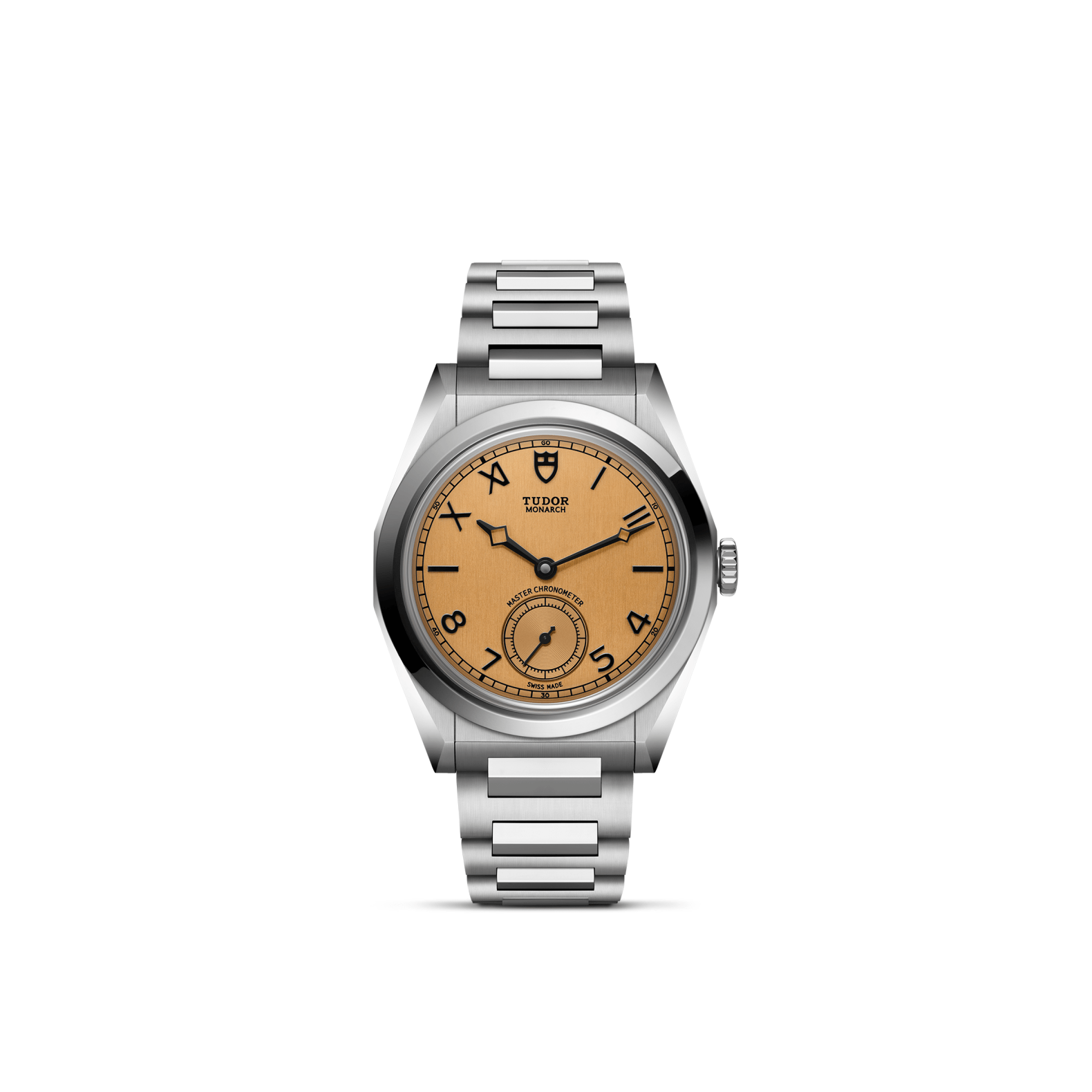 Front view of TUDOR Monarch 39mm watch with stainless steel bracelet and champagne dial with small seconds on white background