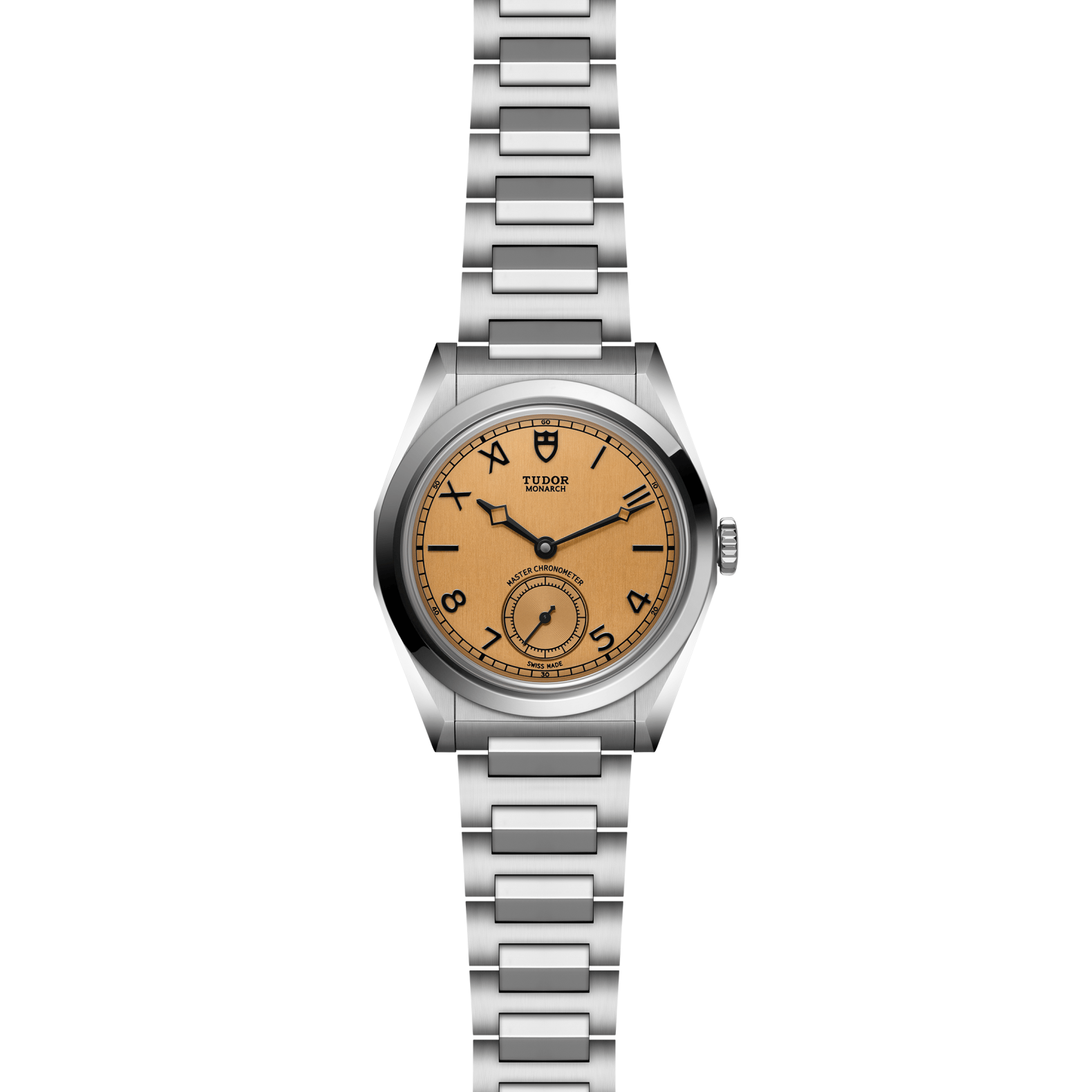Front view of TUDOR Monarch 39mm showcasing champagne dial, small seconds subdial and stainless steel bracelet on white