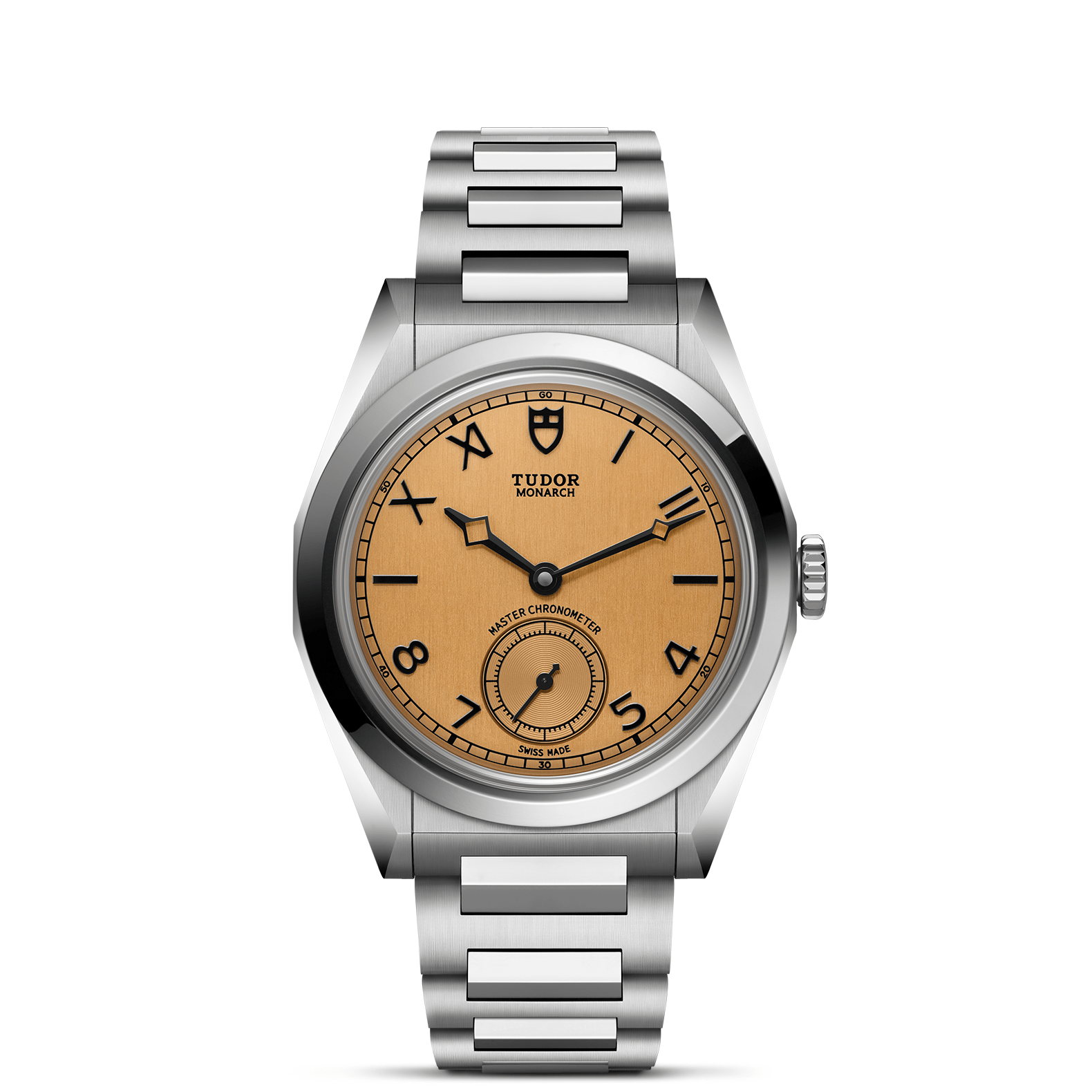 Front view of TUDOR Monarch 39mm watch showcasing dark champagne dial and stainless steel bracelet on white background