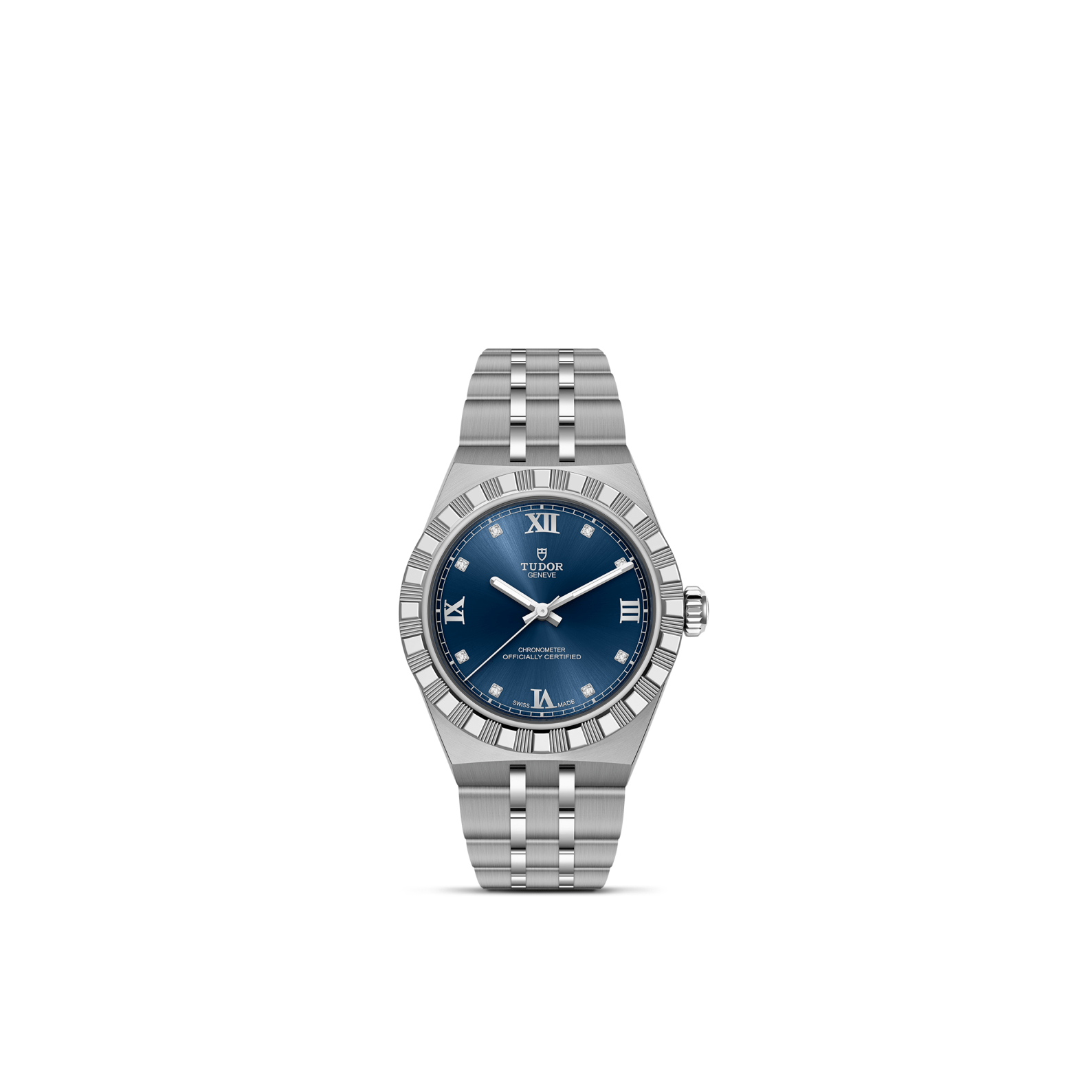 Front view of TUDOR Royal 30mm steel watch showing blue dial with diamond hour markers, fluted bezel and 5-link stainless bracelet