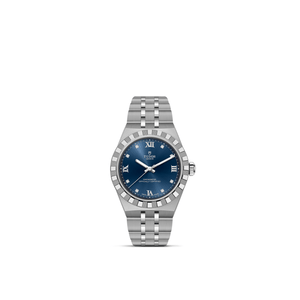 Front view of TUDOR Royal 30mm steel watch showing blue dial with diamond hour markers, fluted bezel and 5-link stainless bracelet