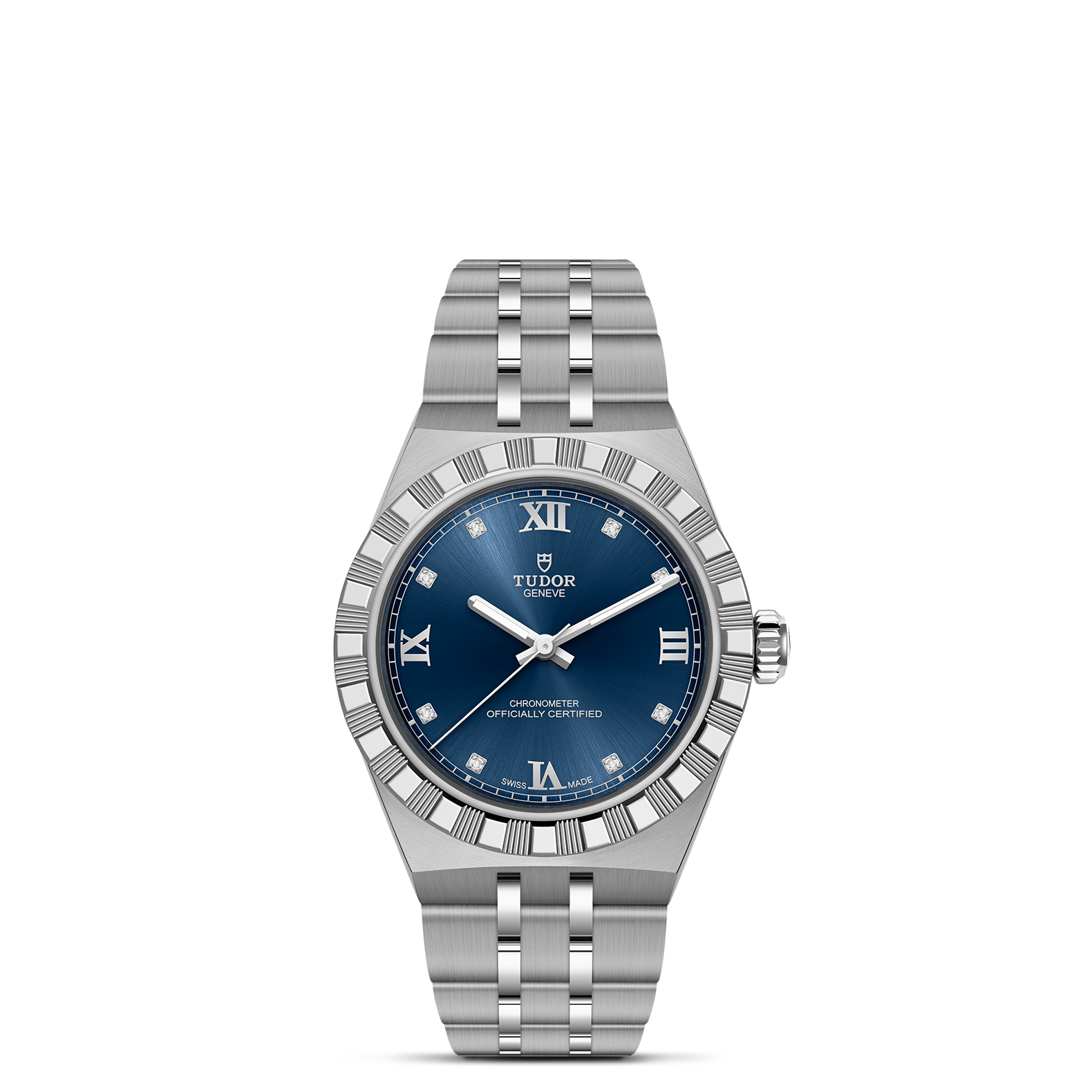 Silver Tudor watch with a blue dial on a white background