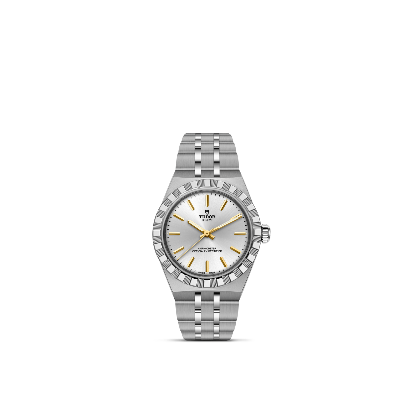 Front view of TUDOR Royal 30mm steel watch showing silver dial with stick hour markers and five-link stainless steel bracelet on white background