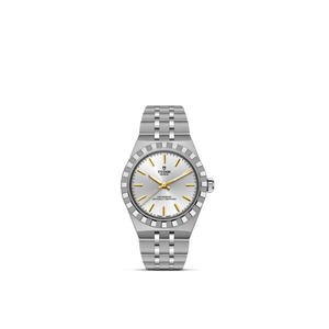 Front view of TUDOR Royal 30mm steel watch showing silver dial with stick hour markers and five-link stainless steel bracelet on white background