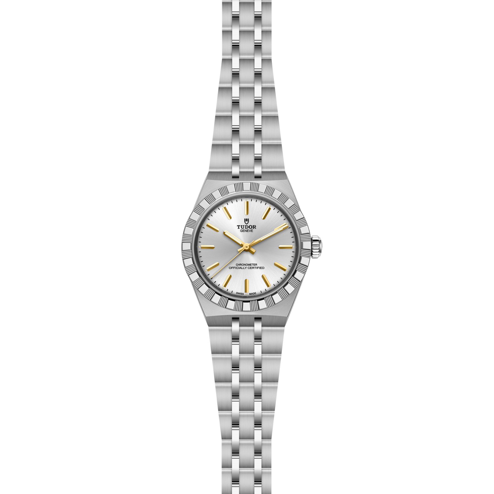 Front of TUDOR Royal 30mm steel watch showing silver dial, gold hour markers, and five-link steel bracelet on white background