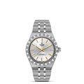 Silver Tudor watch with a silver face on a white background