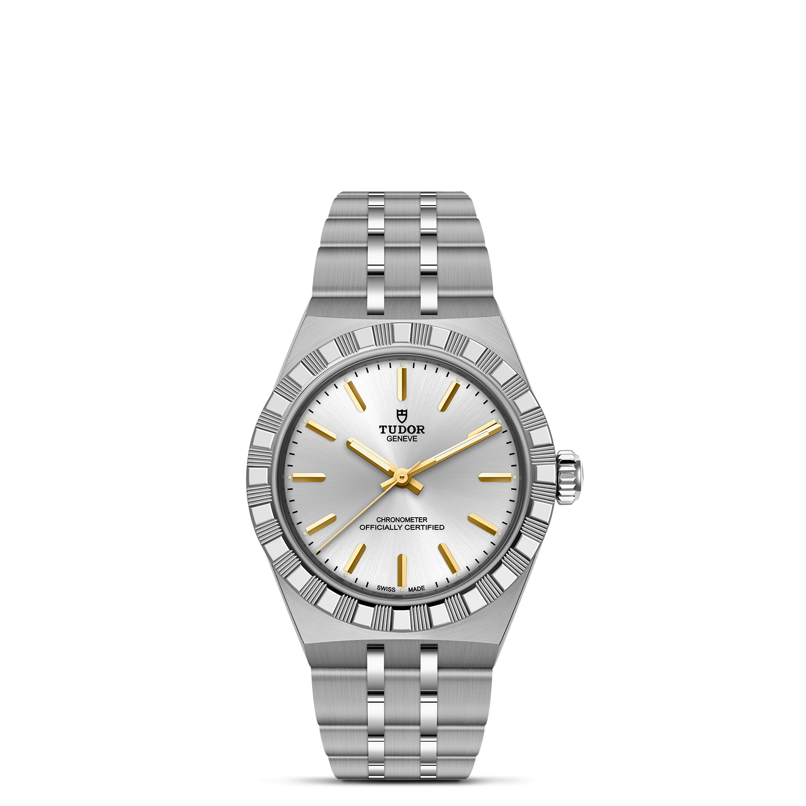 Silver Tudor watch with a silver face on a white background
