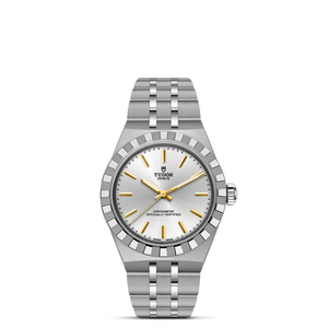 Silver Tudor watch with a silver face on a white background