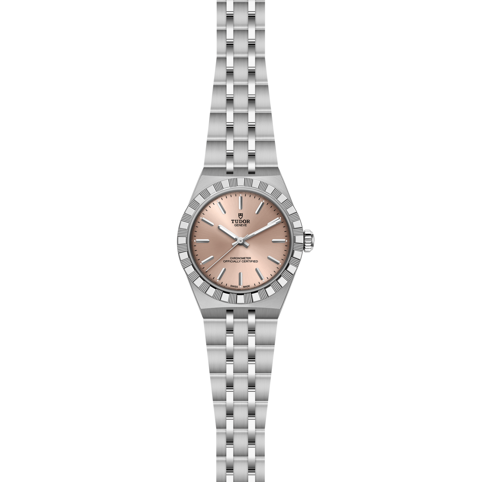Front view of TUDOR Royal 30mm steel watch showcasing salmon dial and diamond-set bezel on white background