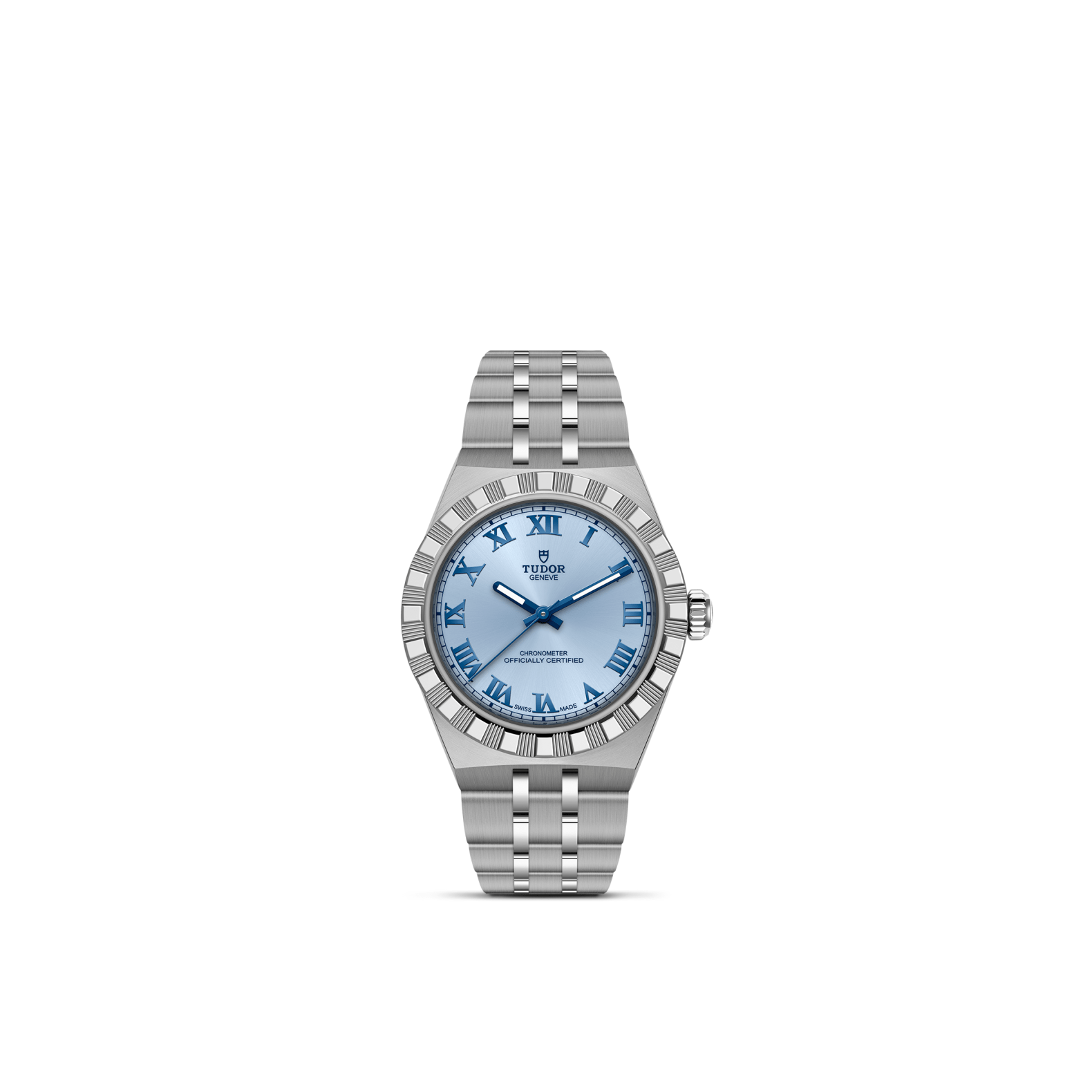 Silver watch with blue face on a white background